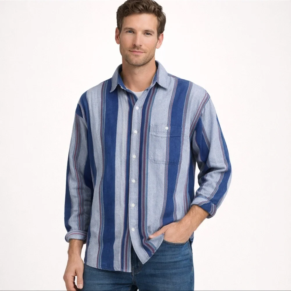 Rustic Outfitter Men’s Striped Flannel Shirt Medium Blue Button Front Cotton